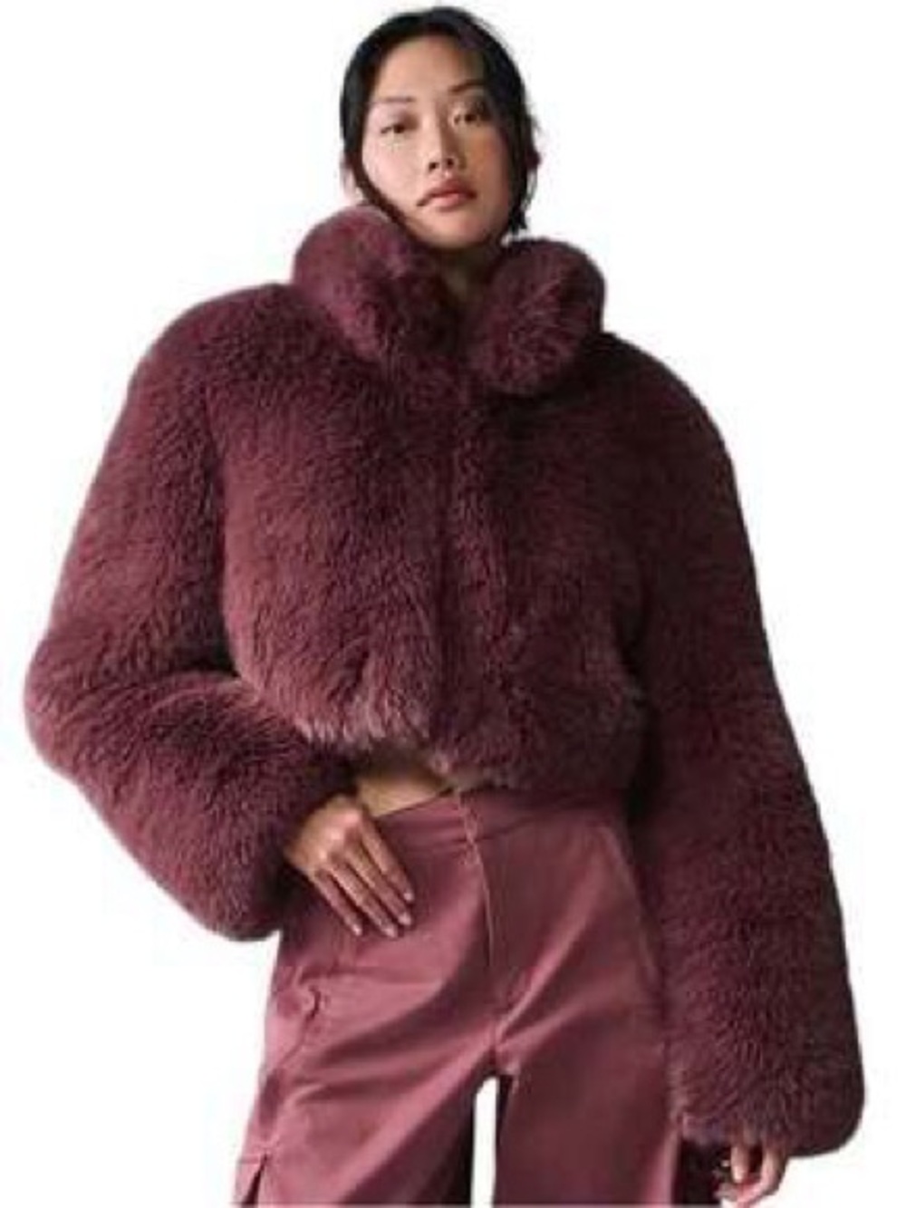 RARE! NWT ALO Yoga Opulent Faux Fur Cropped Jacket Coat S in Burgundy